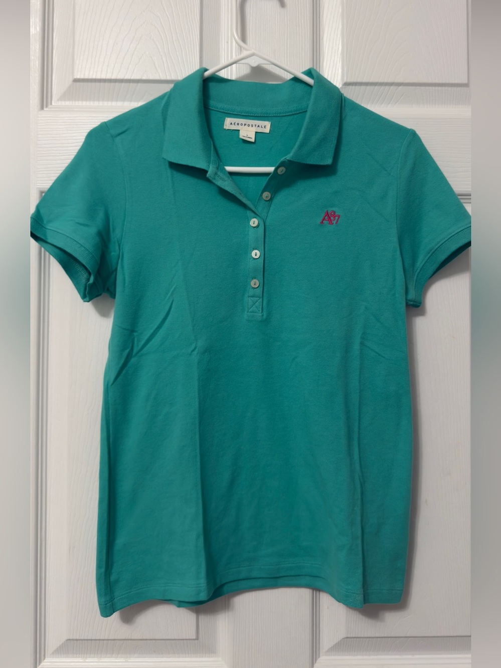 Aeropostale Teal Short-Sleeve Polo with Pink Embroidered Logo